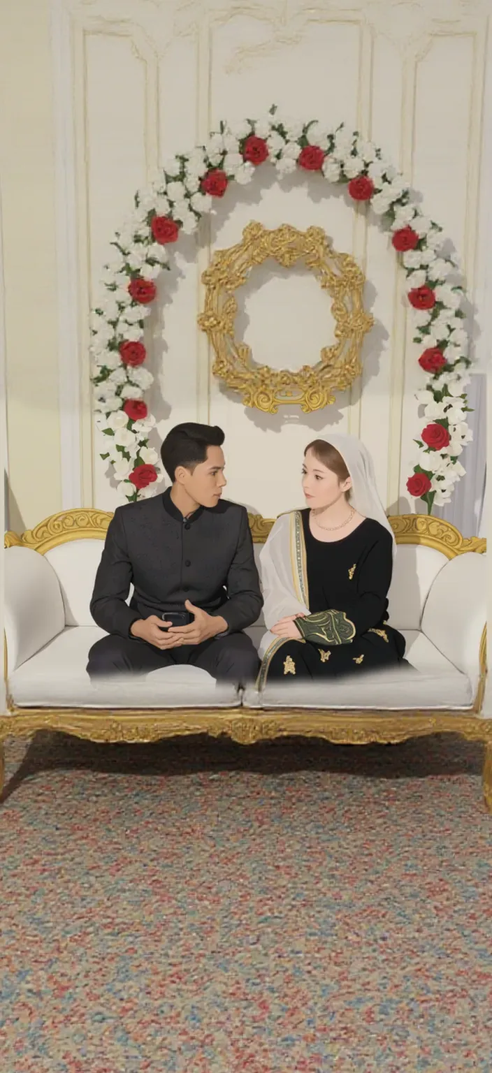 Create an realist image of a 18 year old girl named swastika who is sitting on a queen chair whome a boy named irfan give her a birthday wish and on the back side there is a huge wall on which swastika is written in stylish English between wings
