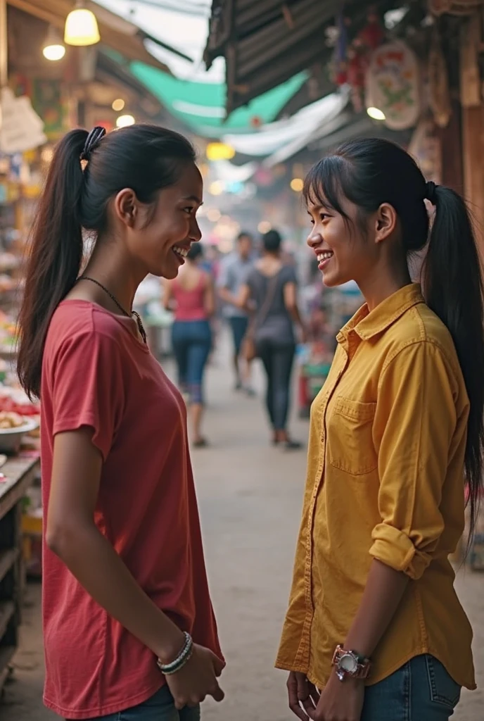 A confident young couple in a stylish urban setting, both smiling and looking at each other, highlighting their charm and presence - cinematic shot, vibrant colors, 9:16 aspect ratio.