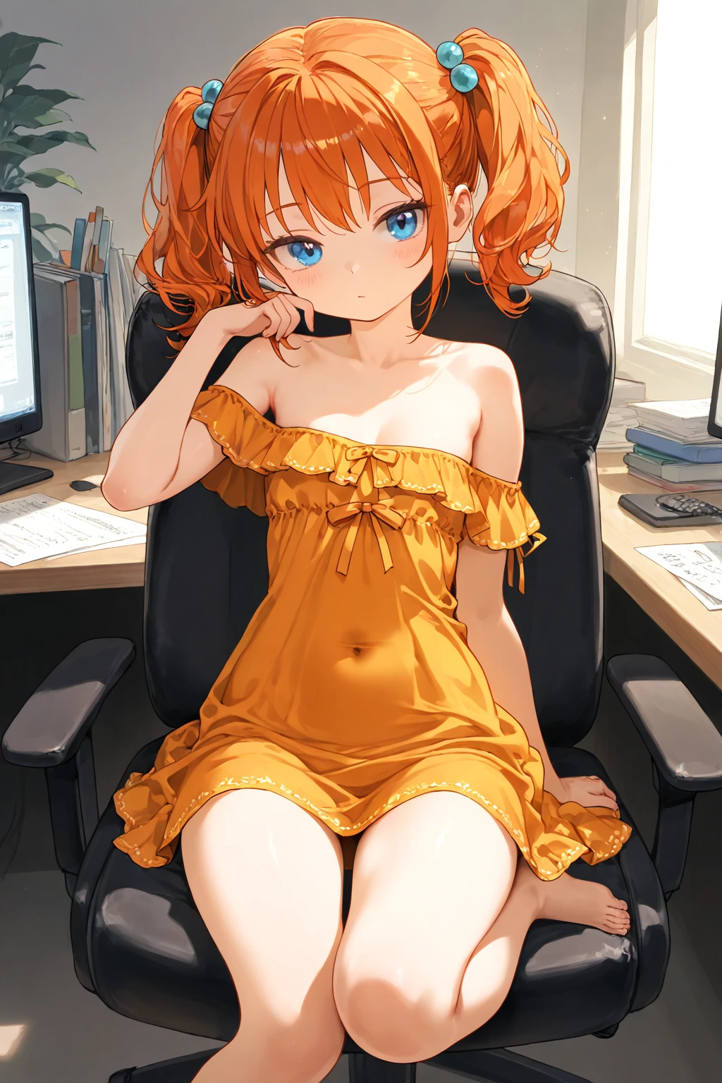 1girl, Best quality, masterpiece, cowboy shot, orange hair, green eyes, tight cloth, office clothes, office, white clothes, wet, fingering, long ginger hair, green eyes, anime girl, kawaii, hourglass figure, big feet, sweaty feet, soles showing, 5 toes on each foot, 5 toes, heel on floor, red high heel shoes on ground next to feet, galactic background, stars and sparkles, green outfit, massive tits, huge breasts, big boobs, cleavage, Rough breath, Sexual expression, All over body, (((Torn panties、Torn underwe