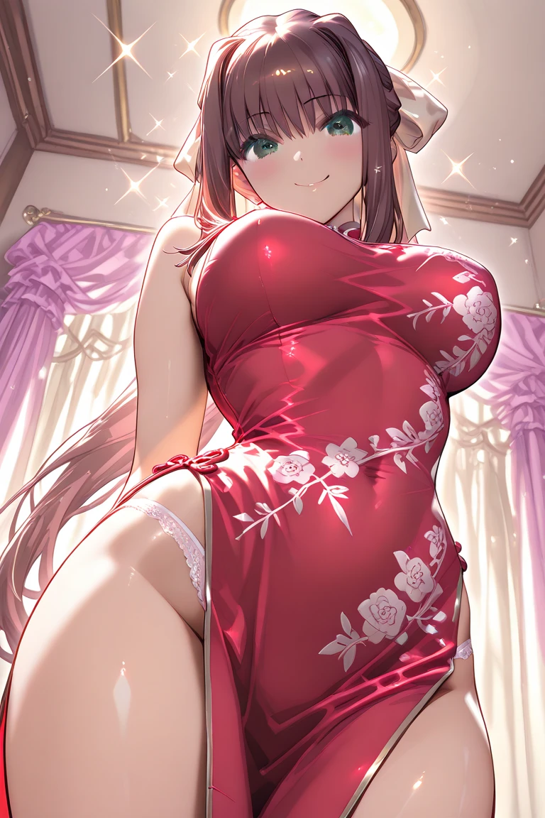 masterpiece, best quality, extremely beautiful and delicate, extremely detailed, intricate detail,
vivid colors, colorful, bloom,
1girl, (cute, sweet, adorable, innocent:1.35), cleavage,
glossy skin, looking at viewer, eyes, eyelashes, smile, happy, lips, curvy, (huge breasts:1.25), wide hips, (thick thighs:1.25), sexy , nsfw