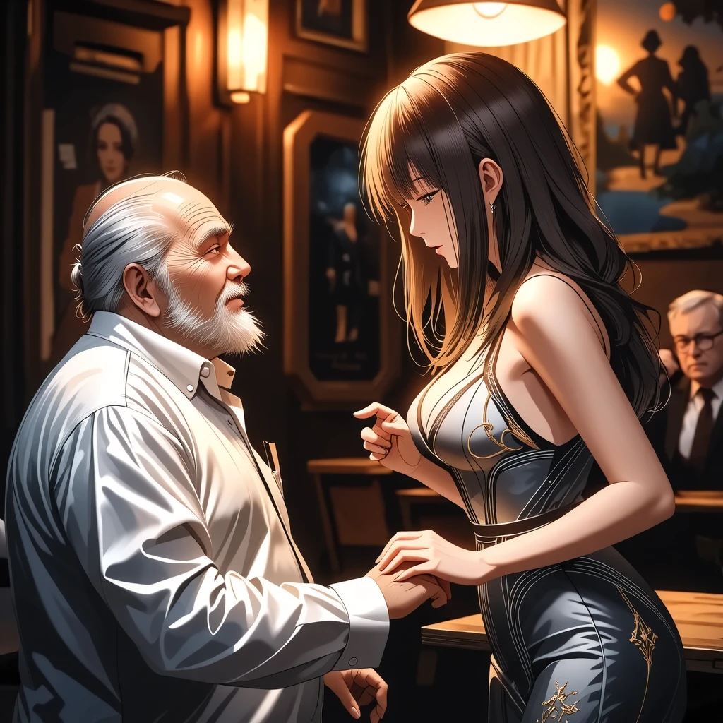 an unparalleled masterpiece, Ultra-realistic 8k CG, perfect artwork, perfect woman image,dramatic shadow,ray tracing)，(Big breasts teacher:1.2)，(shirt:1.2)，()，(black stockings:1.2)，(short and fine hair:1.2)，At the office，seen from the side，leaning against table，(Touched by an old man in a suit:1.5)，(beautiful feet:1.2)，nice leg line，huge tit，fat hips，Desire for sex，red face，sob，confused eyes