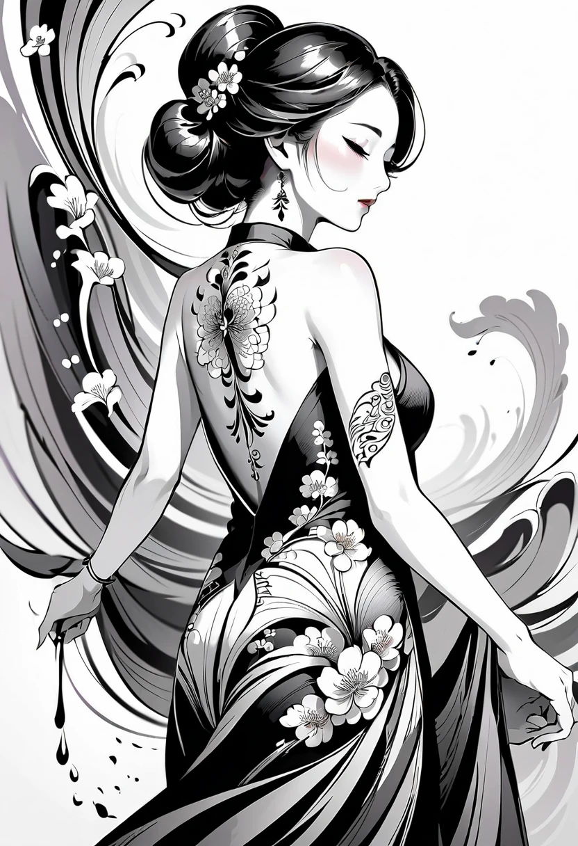 Japanese woman with katana, yakuza, tattoo on the body, beautiful, Detailed face, Whole body, short sexy kimono, cute eyes line art, monochrome, (high quality)