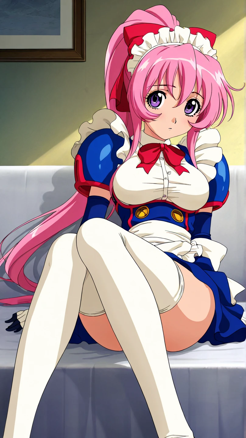 masterpiece, nsfw, best quality, extremely detailed, dutch angle, 1girl, solo, detailed face, long_hair, breasts, large_breasts, , thighhighs, dress, sitting, , full_body, shoes, spread_legs, clothes_lift, maid_headdress, no_panties, detached_collar, chair, <lora:kurumi1:0.5>,koutetsu_tenshi_kurumi,pink_hair,very_long_hair,maid,smile,