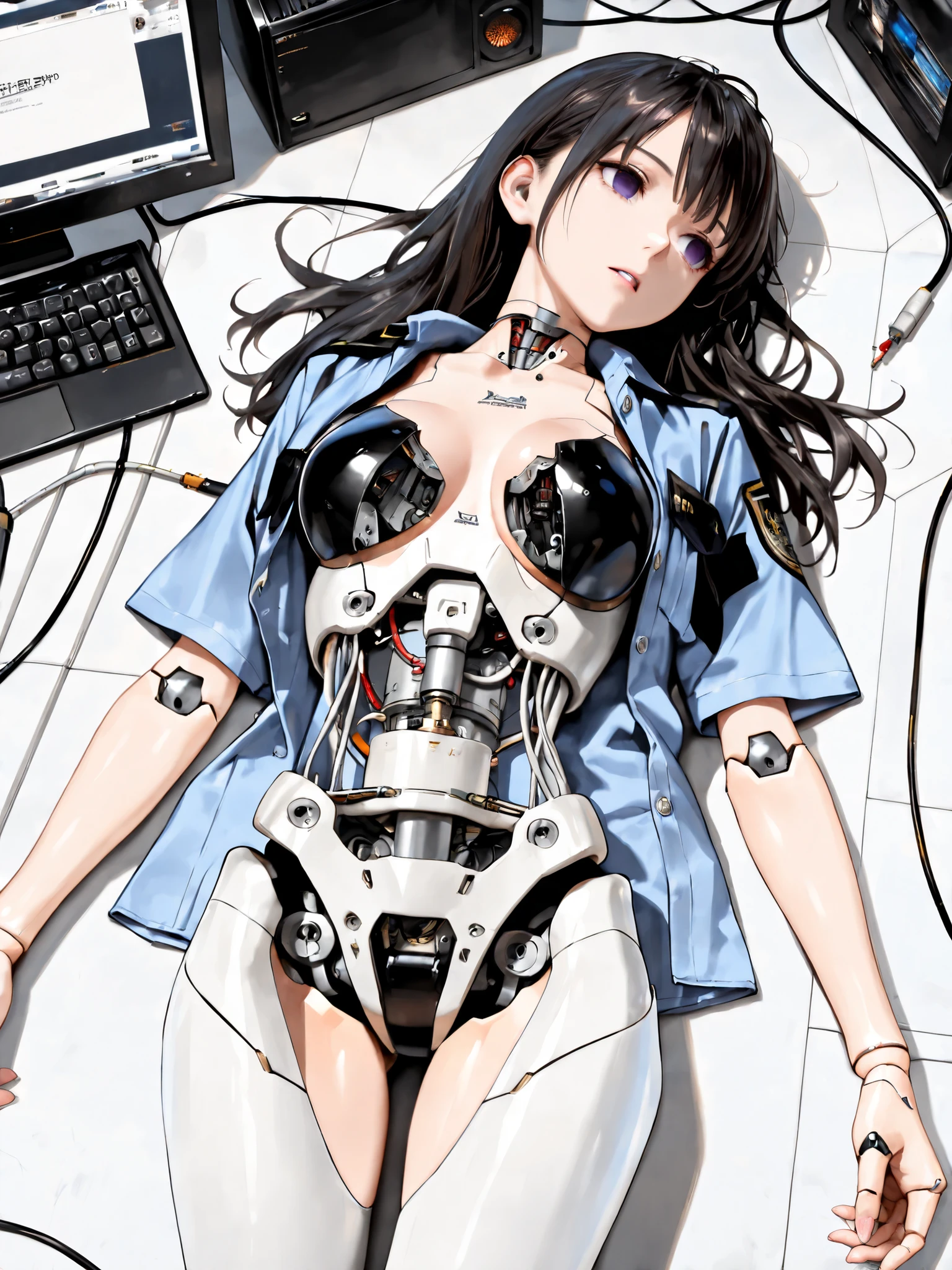 (((masterpiece))), (photo real, realism texture), (top Quality, High Quality:1.3), (top resolution, high resolution), ultra detailed, (high detailed), science fiction, beautiful robot girl, Silky smooth face, white cheek, empty eyes, realism glossy mouth, black long hair, (frame of perfect machine), robot limbs, (robot joint, wiring, (computer parts:1.2), machine parts:1.3), (woman is dressed in unbuttoned police uniform), robot lying in road), from above, cowboy shot