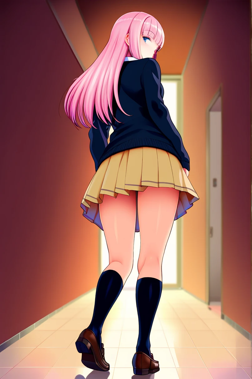 (Rear insertion position, ), Pink Hair, Long Hair, Cute Hips, lure, ,(Blazer 、Long Check Skirt、Sexy Shorts、Garter Stockings), (Turn around and put your hands on the wall), Bend、nsfw、BREAK Perfect Anatomy、highest quality、(cute:1.1)、(cute)、(High resolution:1.2)、Unbelievably absurd:1.3、Incredible illustrations、(cuteイラスト:1.2)、Beautiful background、(1 girl) 、solo)、(10th Generation、JK、Loli face、Small breasts:1.2)、slender、、(skirt lift,upskirt,from behind),、(tooth:0.6)、Cheeky 、Eye highlights、A confident smile、