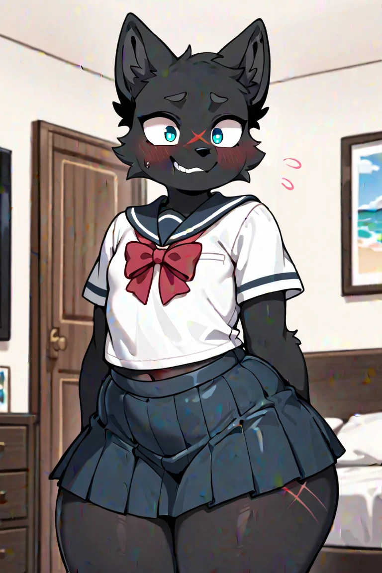 masterpiece, best quality, seductive expression, 1girl, anthro, furry, fur, fluffy fur, kenny \(kenashcorp\), (panda, panda girl), furry, panda ears, animal nose, black fur, white fur, eyes makeup, black eyes, panda tail, heart ahoge, cheek heart, black arms, black legs, black hair, medium hair, blue eyes, half-closed eyes, medium breasts, thick thighs, solo, (bedroom), (night), detailed, sitting over bed, (school uniform, blue skirt, white thighhighs), blue panties (striped panties), (hand on face), cute grin, blush, spread legs, wet panties, bitting lip, score_9, score_8_up, score_7_up, score_6_up, score_5_up, score_4_up