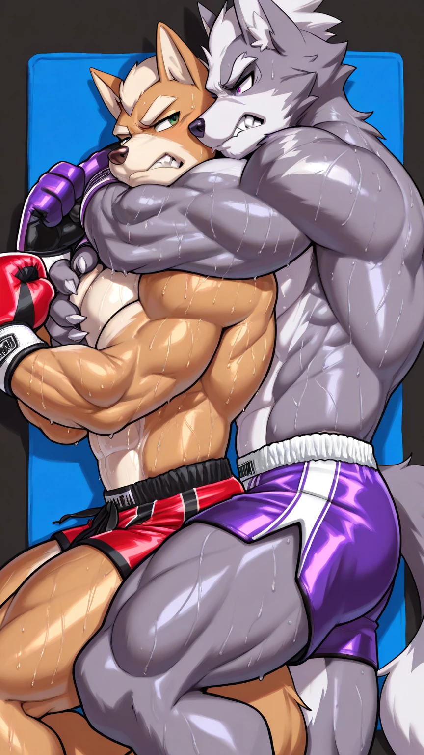 ((masterpiece)),((best quality)),(ultra-detailed),(an extremely delicate and beautiful),detailed backgroud, ((((1woman,tall stature)))and(((1muscular boy,tall stature)))),((((hetero)))),(height difference),(((wrestling ring))), (1woman),((((silver wolf/(Honkai:star rail/)))),(curvy:1.4),(huge breasts), pale skin,shiny skin, long hair,ponytail ,drill hair,hair between eyes, eyewear on head, navel, midriff,((She wears jacket, black jacket, sunglasses, gloves, black gloves, fingerless gloves, shorts,black shorts, shirt, white shirt, choker, crop top, fur trim)),(rolling eyes:1.4),(ahegao),(trembling),clothing aside, ((((hug from behind)))), sex from behind, standing sex, vulgarity, clothed,(cum in pussy:1.4),cum on clothes,cum on breasts,cum in mouth,cum on hair,(excessive cum:1.4), ((((1muscular boy)))),large penis,dark-skinned muscular boy,interracial,