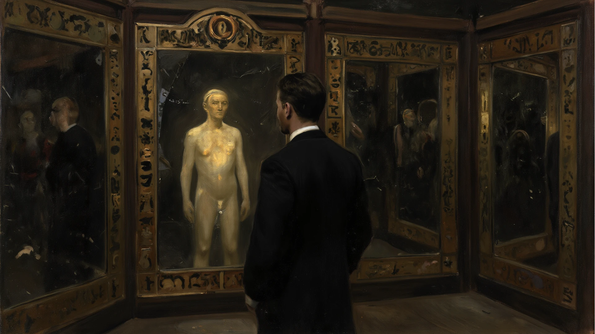 A man works on a sculpture in his artistic workshop, tired he does not stop working, he works on the sculpture of a sexy woman that seems to come to life and look at him, great detail of the workshop, (art inspired by Bill Sienkiewicz). oil painting)