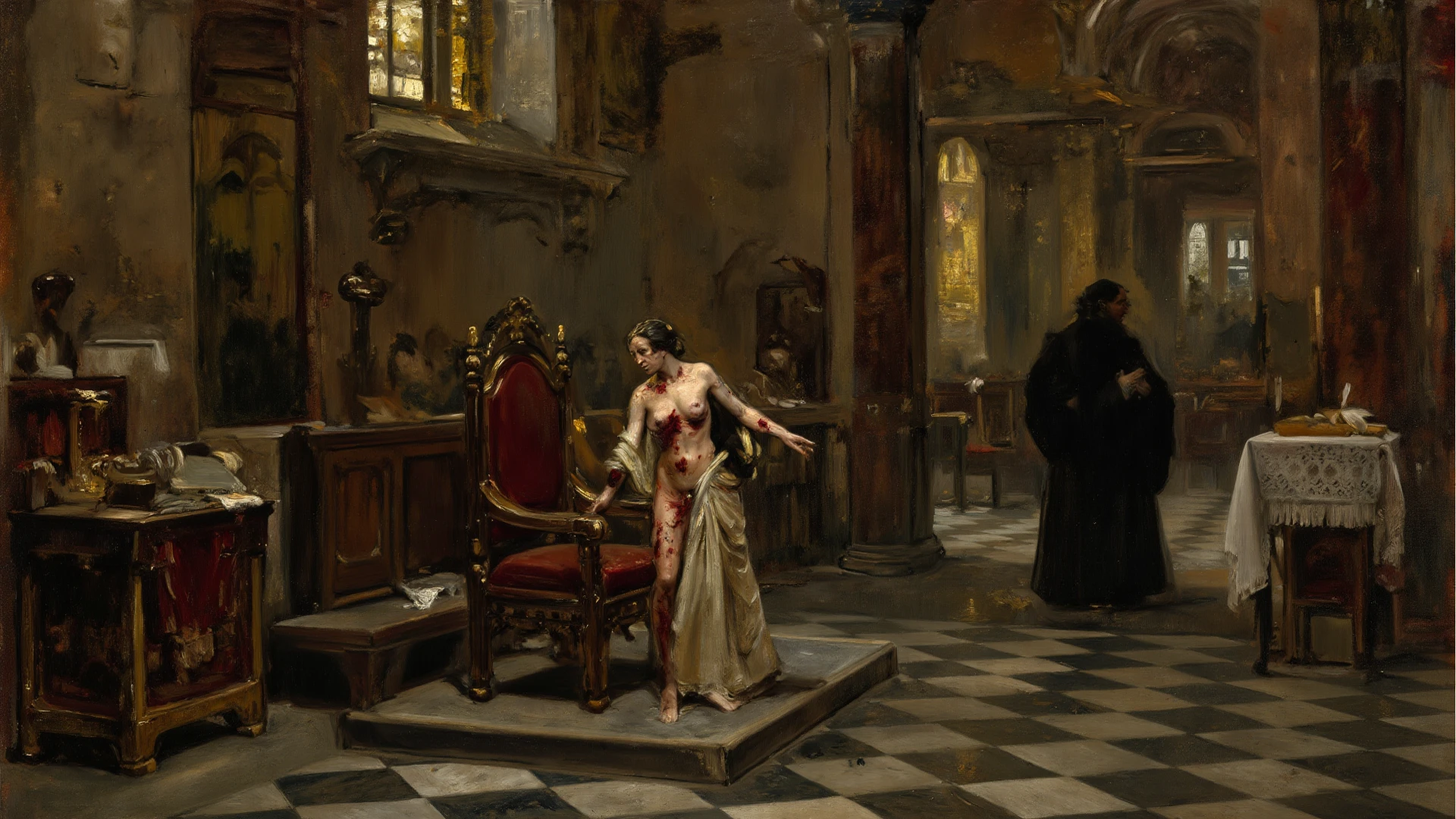 (best quality,8k,masterpiece:1.2),ultra-detailed,oil painting,hyper realistic,expressive brushstrokes,female queen with large bust crawling,laying head on chopping block,masked man with giant axe behind her,dramatic lighting,chiaroscuro,dark moody atmosphere,gritty,cinematic,baroque style