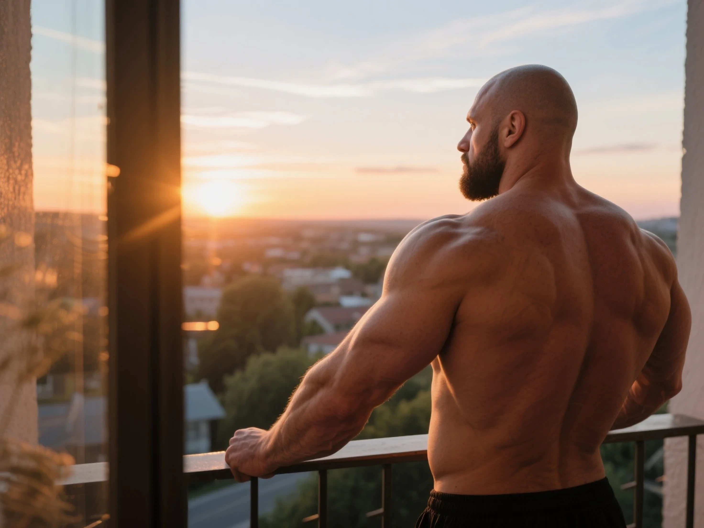 masterpiece, best quality, highres, close-up portrait, ((wide angle)) male focus, solo focus, middle-aged man, glasses, slightly chubby belly, hairy, manly, (shirtless:1.2), wearing sweatpants with crotch bulge, on a high rise balcony, cigarette in mouth, smoke, looking into the distance, (sunset), incredible composition, seen from the side, HDR, volumetric lighting,