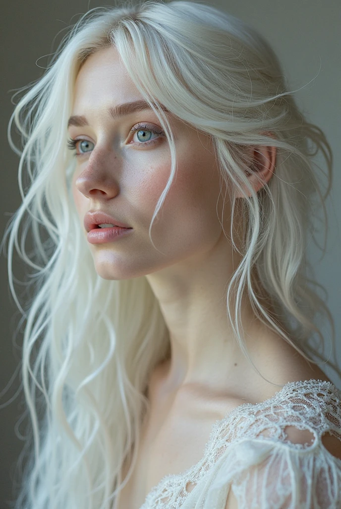 Make a beautiful white-haired woman with black curls, white eyes , beautiful and perfect face, beautiful and perfect body, of clothes that have a white queen suit