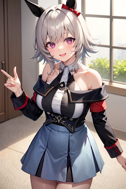 (((((???))))), upper_body, Personage as the main perspective, neat figure, sweat, girl,woman,female, baby,5 years old, very short hair, ringlets, wept bangs, eyes visible through hair, single hair bun, sidelocks, wavy silver hair, multicolored hair, huge ahoge, delicate detailed face, thinking, looking_away, pointy_ears, fang, two arms, hands on hilt, cleavage, blue skin black_bow flower with hair, masutepiece, acurate, Anatomically correct, Textured skin, Super Detail, high detailing, High quality, awardwinning, Highest Quality, High Definition, 1080p, hard disk, 4K, 8K, 16 K