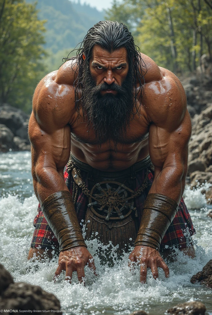 Create an image of a big man with a beard, short hair, hairy, naked, touching his penis in a forest 