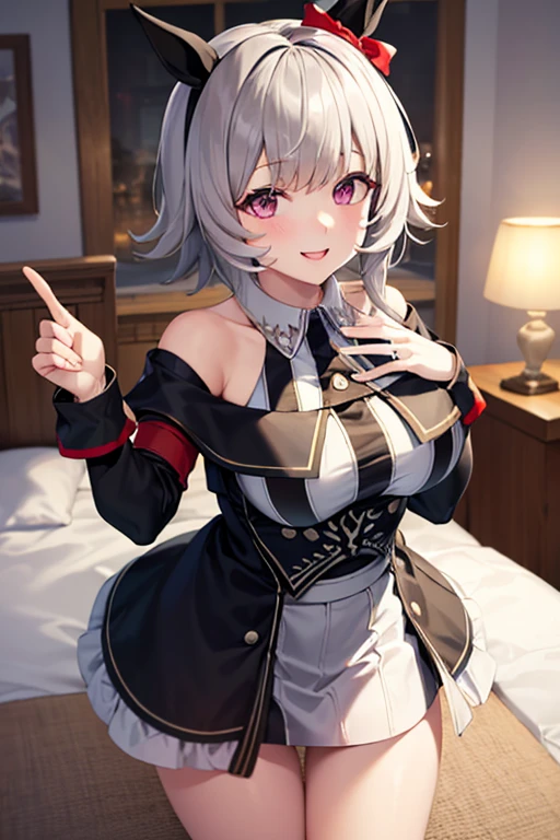 1girl, topaz \(honkai: star rail\), solo, black gloves, thigh strap, hair ornament, unitard, detached sleeves, badge, side cape, belt, cowboy shot, bedroom, depth of field, sitting on side of the bed, reclining, arm support, gasping, ecstasy, seductive smile, masterpiece, large breasts, thights, ass shape,