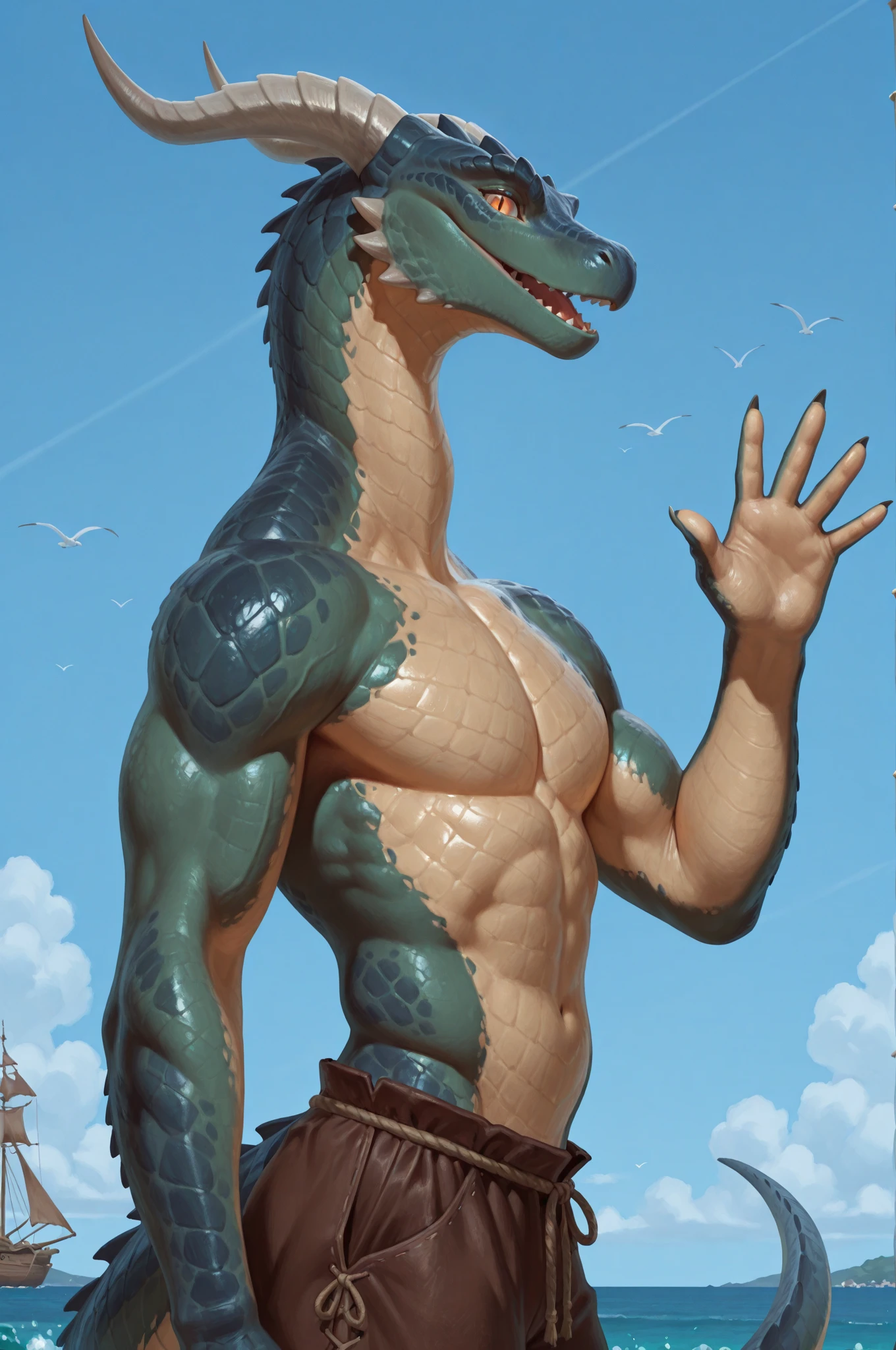 Detailed and realistic HD photography of (Dragon) en la playa, de pie, mirando al Horizonte, solo, retrato de cuerpo entero, vistiendo una tanga, antecedentes detallados, gran trasero, por mancha