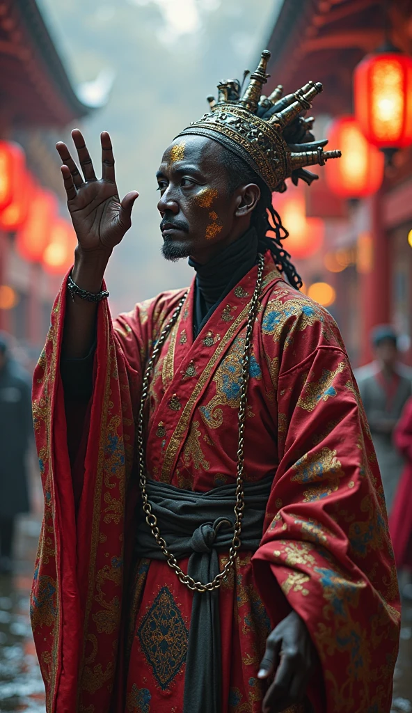 2999 AD、people々embeds a storage medium chip in the head、lived while replacing his declining body with biological parts。Mikotoは手に光り輝く神楽鈴を持ち、stood up and waved violently。High Quality,8K,Ultra Fine,Realistic,HDR,Studio Lighting,Extremely colorful,Bokeh,people物,womanhood,Mikoto,Mystery的,Mystery,ceremonial,Magical,Priest,shrine,Traditional,Nostalgic , future,cyberpunk