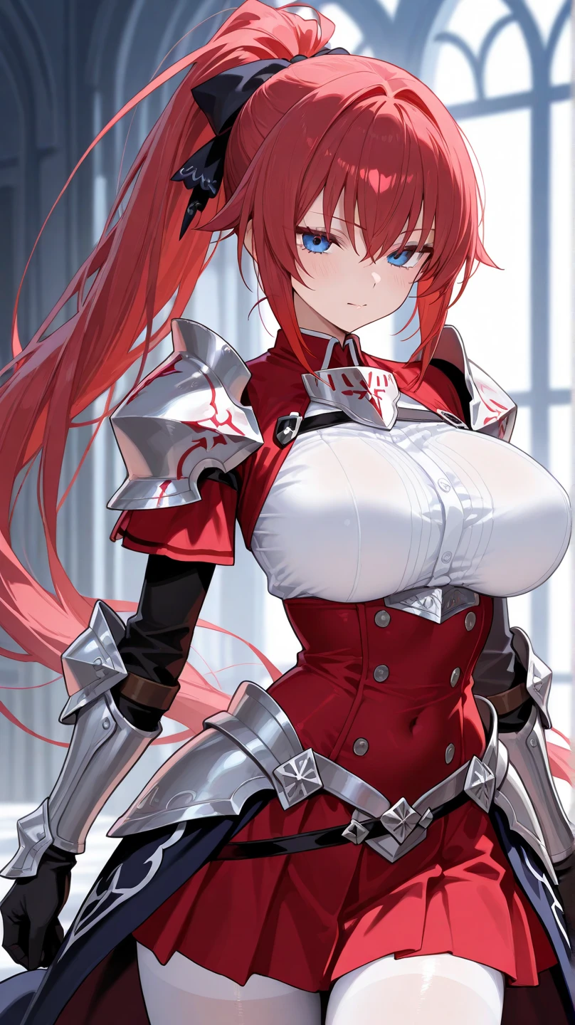erza scarlet, half silver color steel breast plate with a cross pattern, bright red pupil, super mini battle skirt, holding giant silver boardsword, high pony tail, perfect body shape, 16k, sharp angel aura, steel hand glove, holy tattoo, long silk leggings, scarlet red color hair,silver color stylish Pauldrons