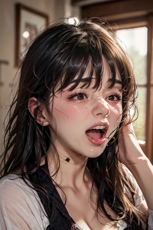 (8k,RAW Photos,Very detailed, beautiful, masterpiece, Ultra HD Photos, Ultra-high resolution:1.3),(Realistic:1.5),(charm:1.1),(Very detailed肌, Realistic skin detail, I can see my pores,Sharp focus, Digital single-lens reflex camera,(Focus on the face:1.5),(Tears,cry,Open your mouth,Stick your tongue out:1.5),(Bukkake:1.5),(Face is stained with semen:1.3)