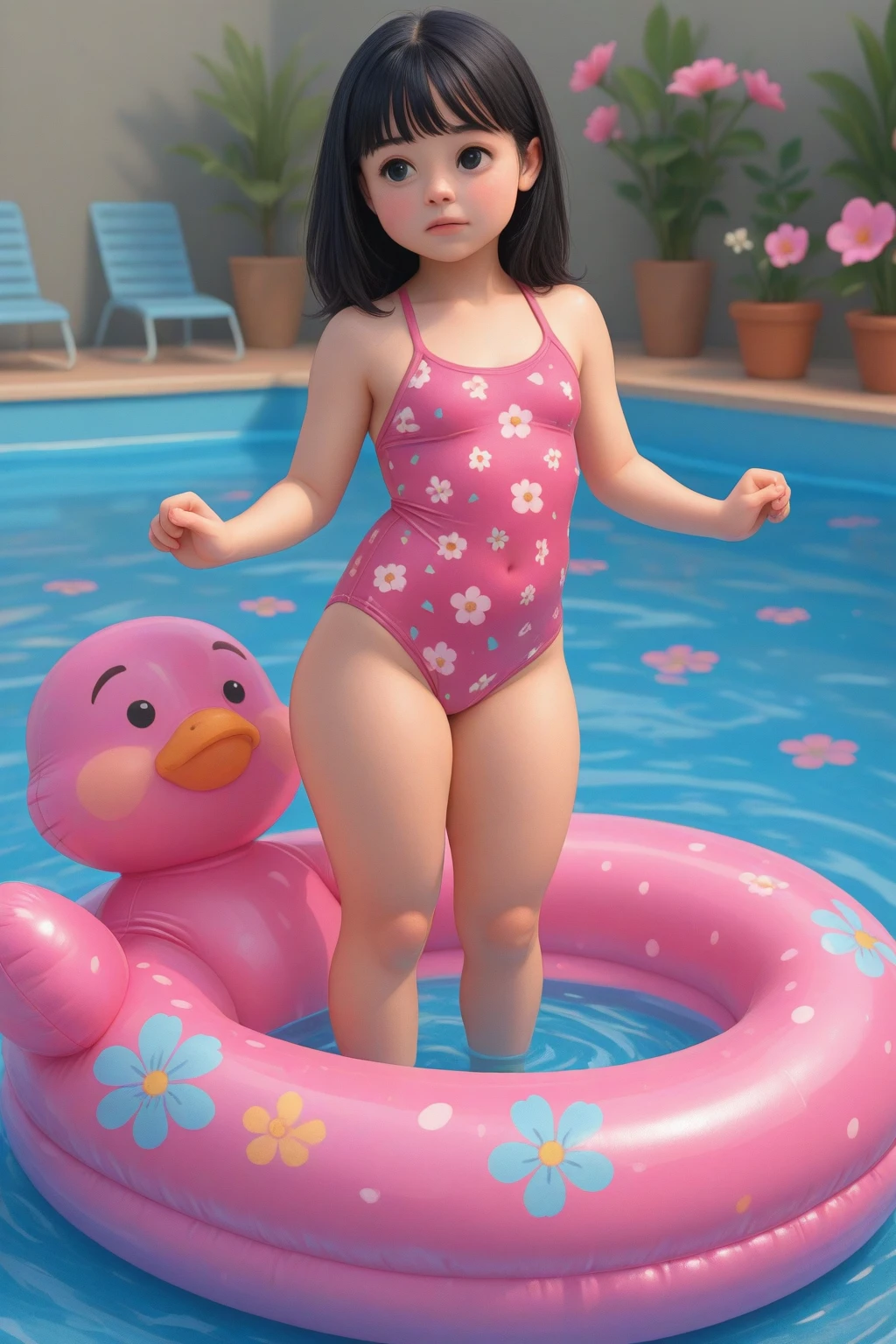 large bust, wide hips, thick legs, thick thighs, barefoot, small dainty feet, black bikini, footjob, lidded eyes, on the beach