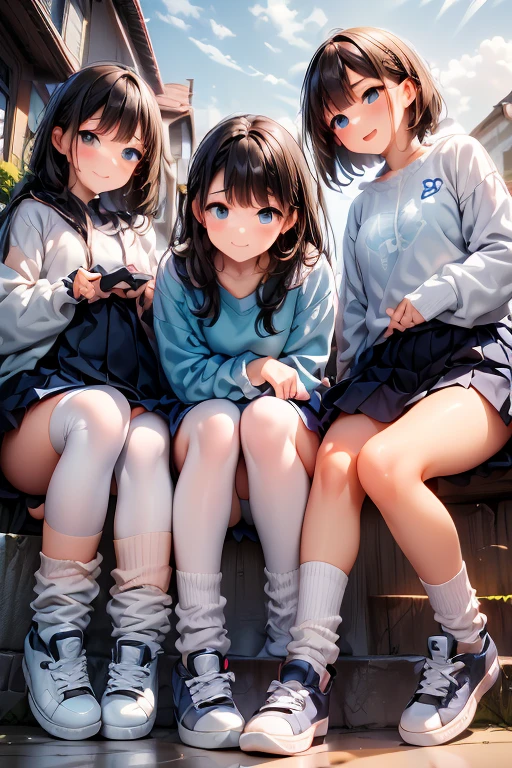 Four happy girls were sitting on the stone steps, take a full body photo、laugh happily、she was wearing a short sweatshirt, Vans sneakers, Red checked skirt、white sneakers, black hair, detached house, flowers,Happy girl with round face, Big eyes, long eyelashes, full body display、detailed private parts、Hairless、detailed female genitalia、spread legs、from directly below、I can see white panties