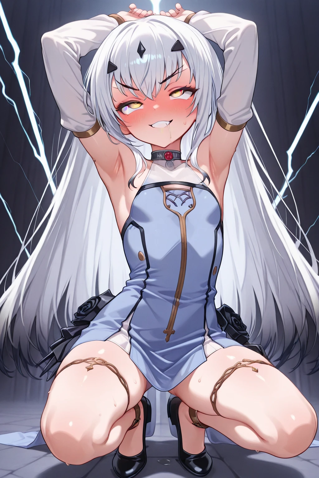 source_anime, whitequeen, white queen, long hair, bangs, twintails, white hair, smile, heterochromia, red eyes, blue eyes, medium breasts, one leg raised up, one leg crossed over the other leg, sitting, nude, naked, in the room, on the bed, blush,solo, dutch angle, looking at viewer, cowboy shot, 