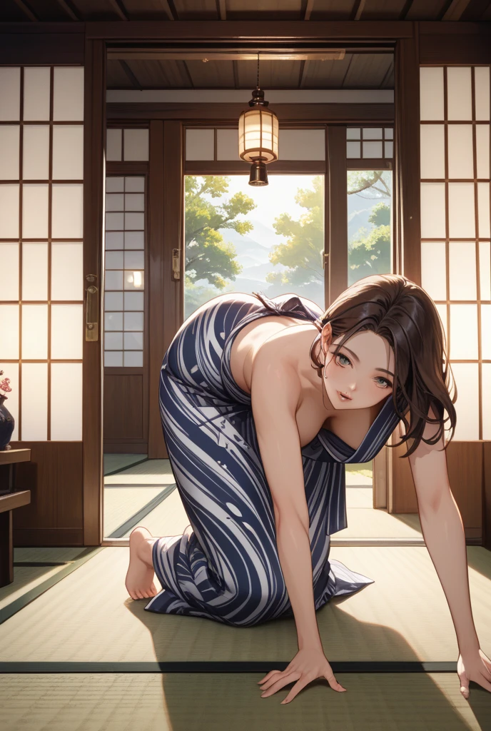 realistic photo, best possible quality,
meditation scene, tai-chi, Japanese yoga ornamentation, tea house, flat place with decorative stones on the floor, plants alongside in harmony and a small waterfall.
we see a naked woman in profile, on the floor, she puts her head on the floor with her arms stretched out on the floor, while she sticks her bare butt up, bending her knees on the floor, her breasts are small and firm, her firm nipples touch the floor, her delicate feet, perfect hands, her big, straight hair touches the floor