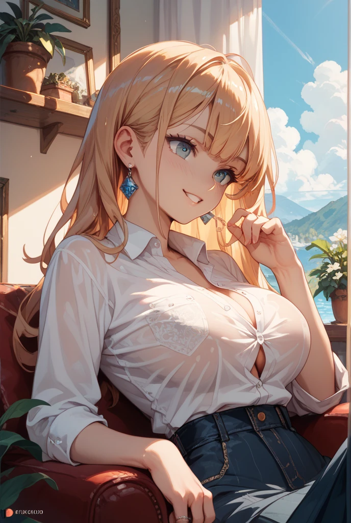 Masterpiece, best quality, highres, highly detailed, Illustration、 ultra-detailliert、hight resolution、8K Wallpapers、Perfect dynamic composition,、Beautiful detailed eyes, 1 girl, blonde hair, red eyes, large breast, white shirt, black bra, dark blue skirt, she wet, drenched, The bra peeks out from outside the shirt, outdoor, city park, bold sexy pose, sitting on public bench, looking at viewers, gentle smile,