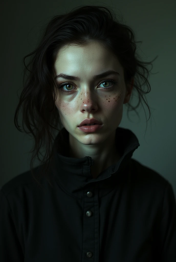 A tall white girl with light brown curly hair, brown eyes with freckles, medium-large lips, cold