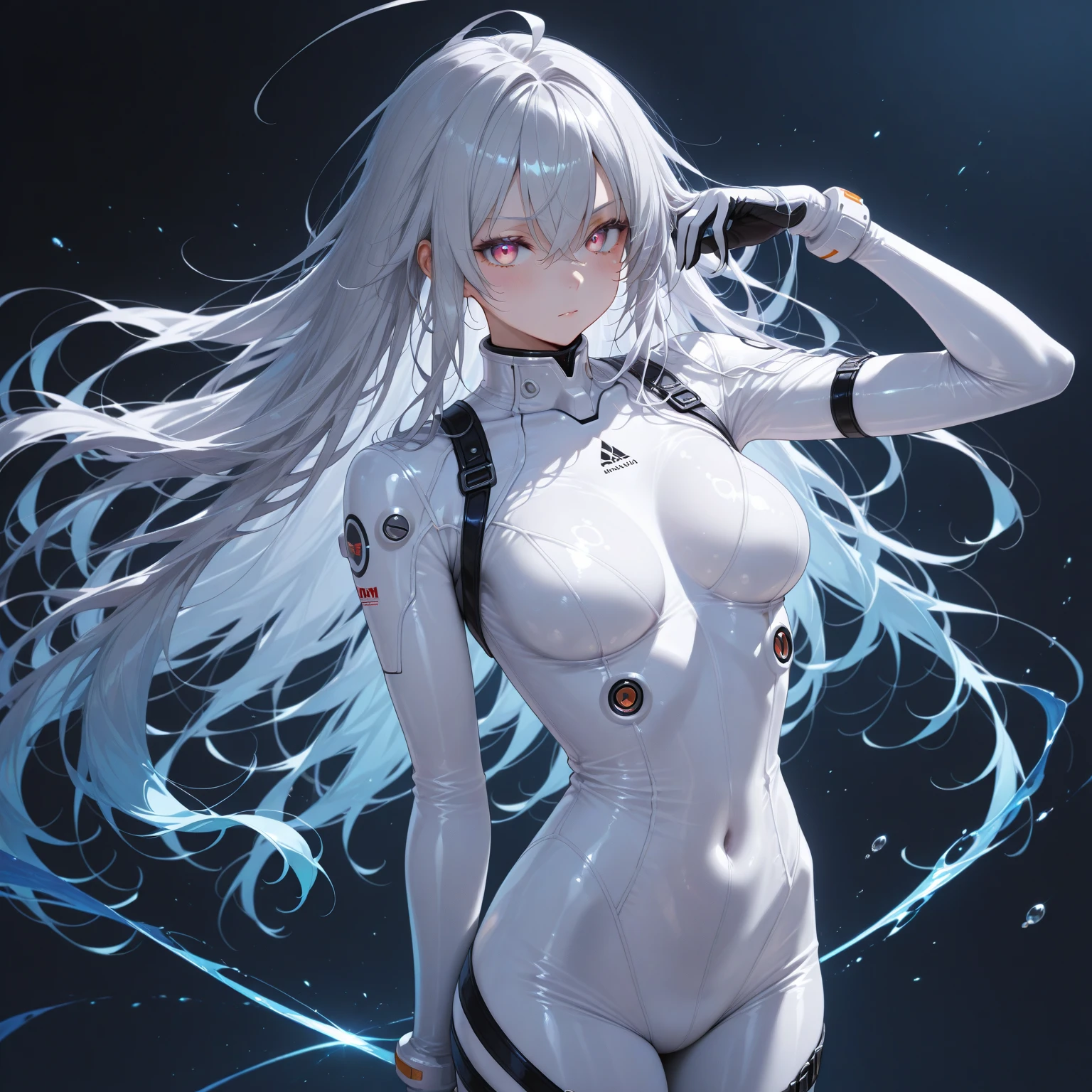 (8k, Best Quality, Masterpiece:1.2),High Definition,Masterpiece,Ultra Detail,Solo,1girl,(White Background:1.5),(Delicate Eyes),((White Hair)),Plugsuit, 1girl, star_\( sky\), short_hair, starry_sky, Bodysuit, ayanami_rei, Solo, night_sky, red_eyes, red_ background, boobs, white_bodysuit, pilot_suit, lance_of_longinus, bangs, light_particles, ((triangular psychosensory apparatus on both sides of the head)), souryuu_asuka_langley, taut_clothes, medium-breasted, bokeh, mechanical-like clothing, Small logo pattern on chest zero, red eyes