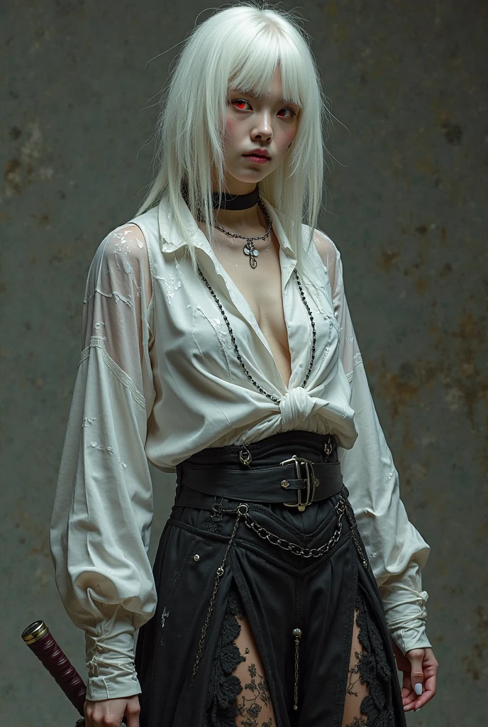 a highly detailed, realistic, and artistic cosplay portrait of a young, slender, and beautiful 19-year-old russian girl with long white hair cascading over her bust, blue and green eyes, wearing a transparent white shirt with lace, a mini skirt, and sheer red lingerie, in a zentangle style with patterns in shades of gray, burgundy, black, and olive, with azure liquid flowing and dramatic lighting and shadows, shot from a low angle, focused on her narrow, transparent red panties