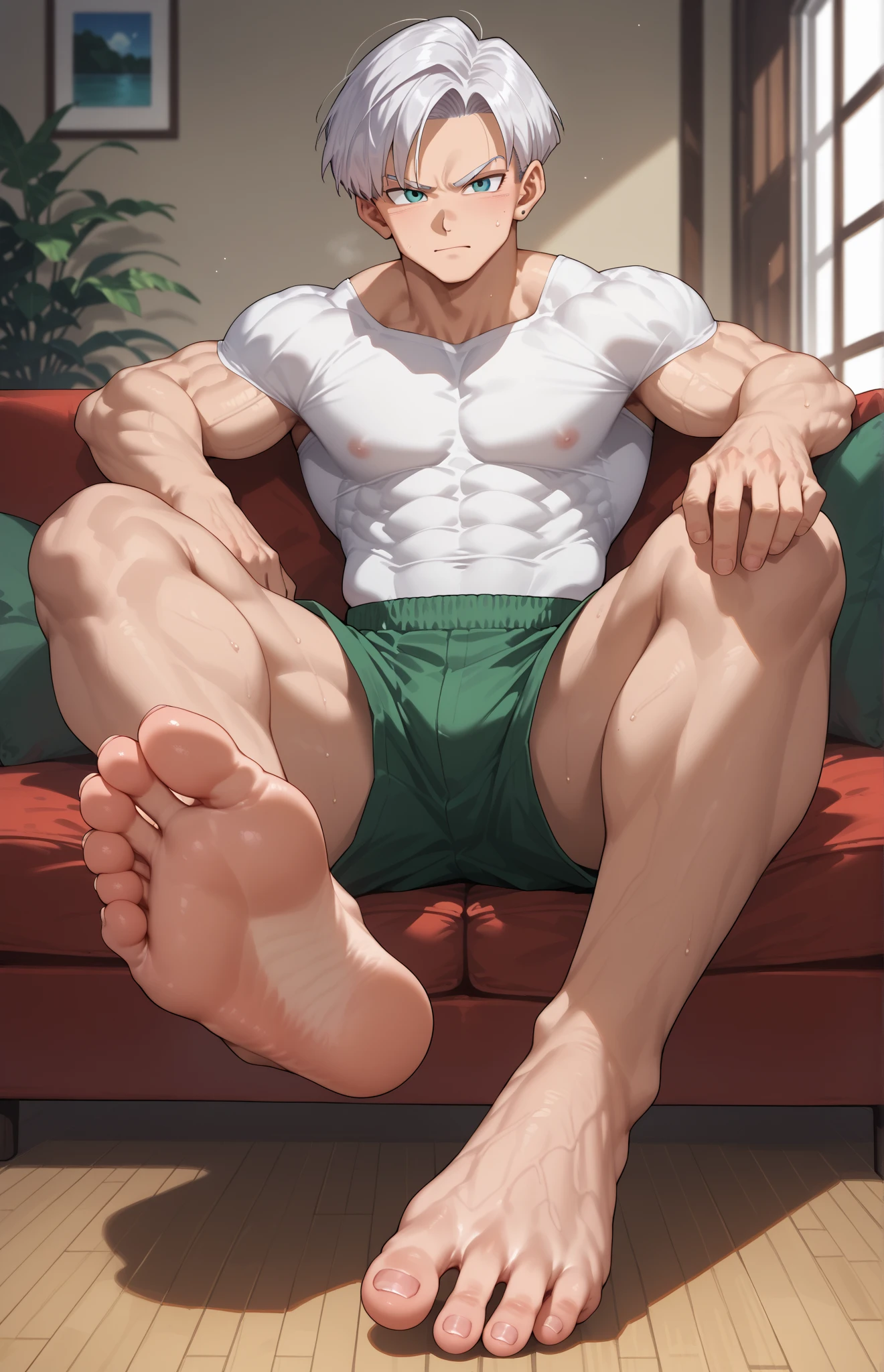 (masterpiece, best quality ), 1man,  extremely muscular, short pink /green hair, brown eyes, intricate, (living room) , full body,  no shirt,white army uniform, open green jacket, vivid colors,(depth of field:1.2),(abs),blush, looking at viewer, sitting on couch, spread legs, shirt open, shirtless, visible pectorals