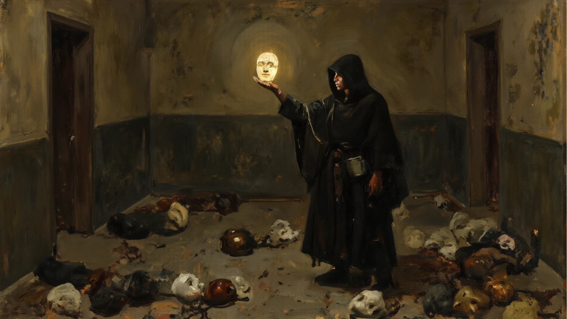 by palette knife, \(medium\), oil painted, Scary tale art by Greg Rutkowski, Artgerm, WLOP, Alphonse, Beeple and Caravaggio, Lapidary of a Sisal-plated abysues magic marbles, Heidelberg School, F/5, multidimensional . Magical, evil, fantastical, futuristic, demonic, grunge style, highly detailed,