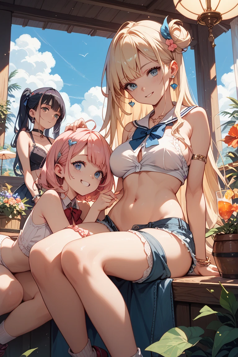 (((focus panties))), (I look up at the five girls from the ground.)、(Five girls are standing in a circle around me, looking down at me.)、circle、(seductive grin), (((5 giant girls)))、((angle from below)), 5 young face, (thighs), 5panties, belly button、(angle from under 5 girls),baby face,mesugaki,Yukata, Sleeveless,