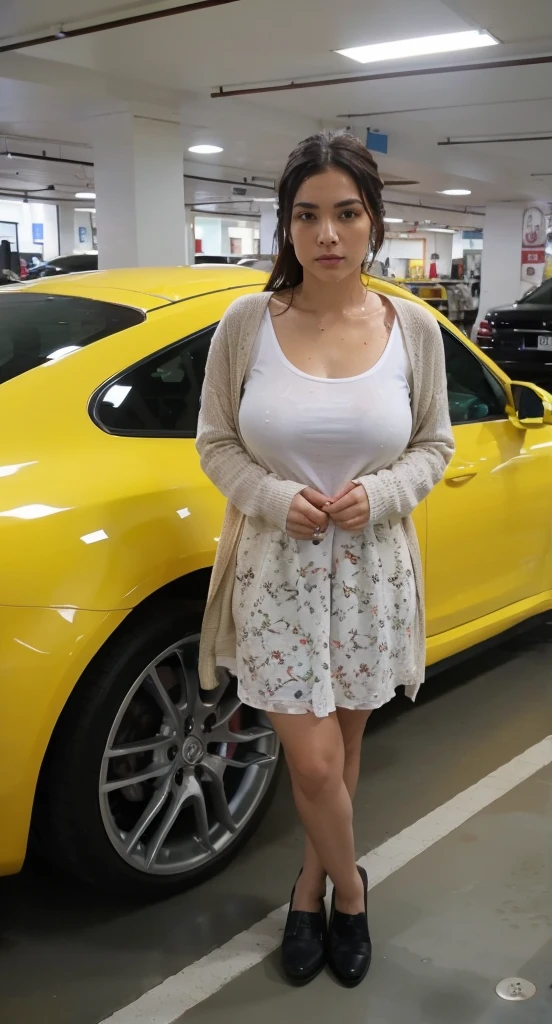 "Generate an image of a thick woman with huge breasts adorned in a golden saree confidently driving a car along a jungle path. Capture the side view from the passenger perspective, emphasizing her focused gaze on the road, seamlessly blending the traditional elegance of the saree with the modern context of driving through a lush jungle."