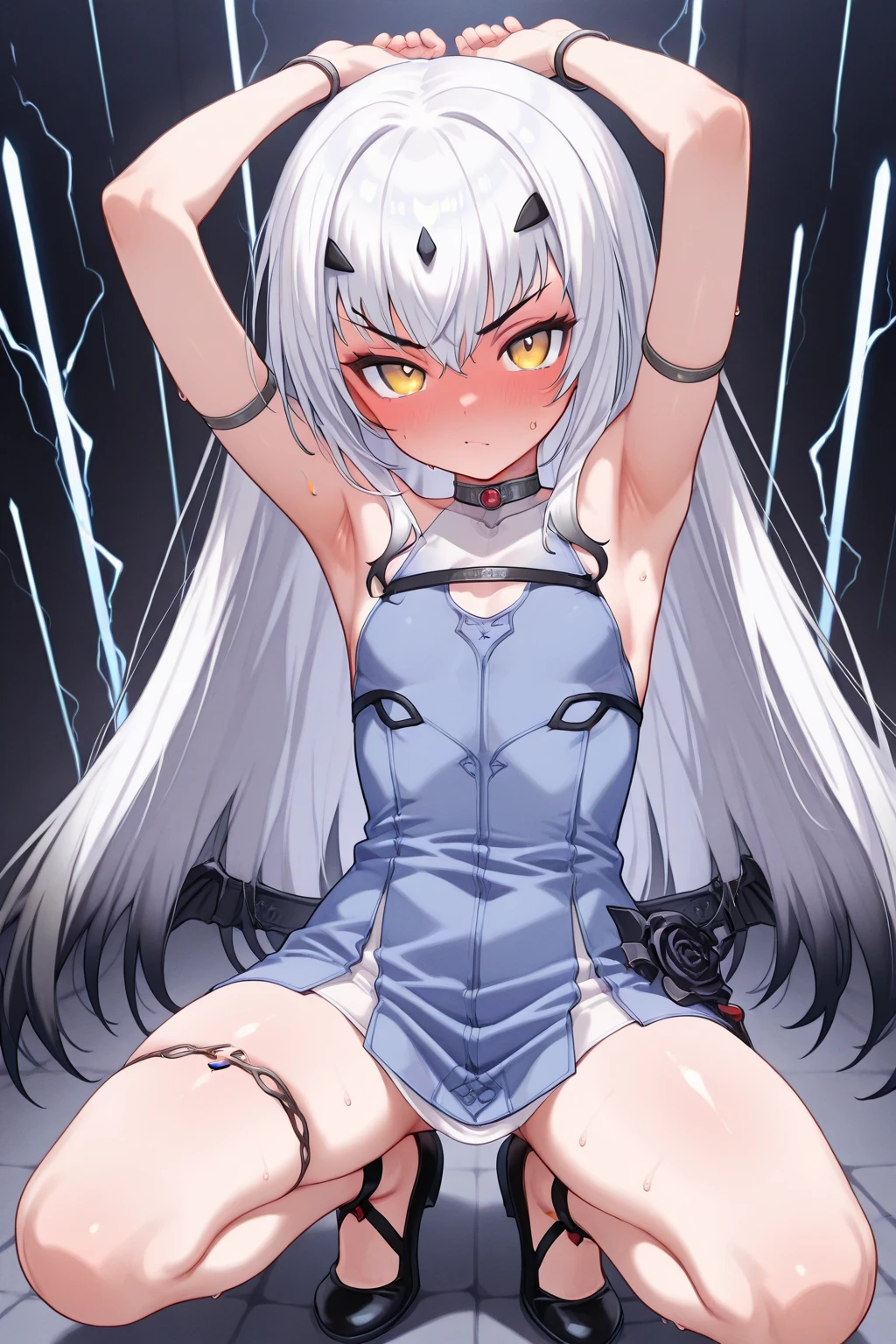 source_anime, whitequeen, white queen, long hair, bangs, twintails, white hair, smile, heterochromia, red eyes, blue eyes, medium breasts, one leg raised up, one leg crossed over the other leg, sitting, nude, naked, in the room, onsen, on the bed, blush,solo, dutch angle, looking at viewer, cowboy shot,