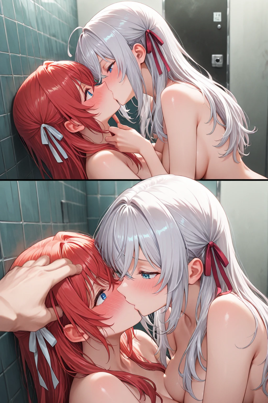 2 women kissing, naked, shower, long pink hair, long silver hair, green eyes, large chest