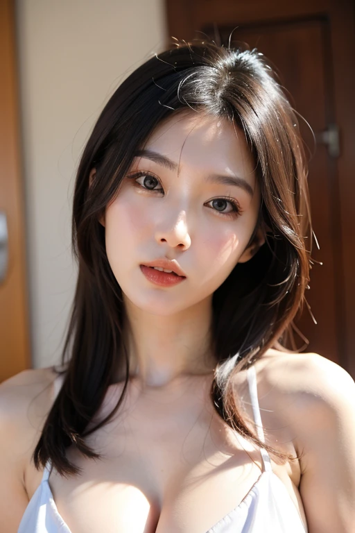 Masterpiece, best quality, very detailed, Very detailed, very detailed, realistic, Sharp features, Highly detailed, Sharp focus, perfect face, perfect face, Perfect eyes, perfect symmetry., Perfect, plump lips, Flexible female figure, cinema, film lights, hyper detail, hyper realistic, high resolution, Lively, dynamic studio lighting, no, ((dark background)), sexy face, Facial expressions when receiving happiness, smooth and straight, big breasts, The rift revealed, black eyes,white sweater,open shoulder, cowboy shoot, Asian girl