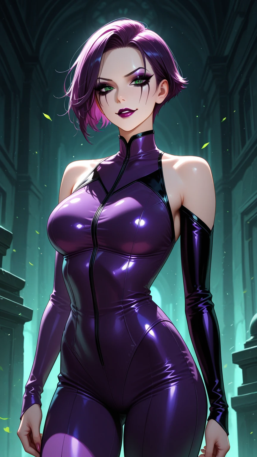 A beautiful girl with short, light purple hair and light purple eyes, wearing a black, sleeveless bodysuit with a deep v-neck, black stockings with a garter belt, and fingerless gloves. She has blue flowers attached to her outfit, and claw-like weapons on her right hand. The background features a twilight sky with a field of grass in the foreground. (best quality,4k,8k,highres,masterpiece:1.2),ultra-detailed,(realistic,photorealistic,photo-realistic:1.37),detailed eyes,detailed lips,extremely detailed eyes and face,long eyelashes,1girl,illustration,oil painting,3D rendering,sharp focus,physically-based rendering,extreme detail description,professional,vivid colors,bokeh,atmospheric lighting,fantasy,dramatic,mysterious