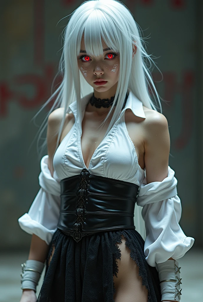 Woman, white hair, wearing over everything, in the moonlight, with bright pink eyes, and blood dripping from her mouth