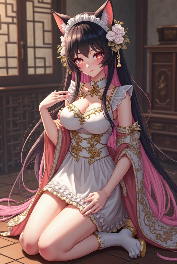 highest quality、Very delicate and beautiful、Very delicate and beautiful、(Beautiful eyes)、Pink Eyes、I、I、perfect body 、23 years old 、Japanese、camel toe、Chiquita、(armor)、(Black Hair)、((Pink leotard))、（High leg）、Tiara on head、Laughter、standing、Look forward、((The background is the club room.))
