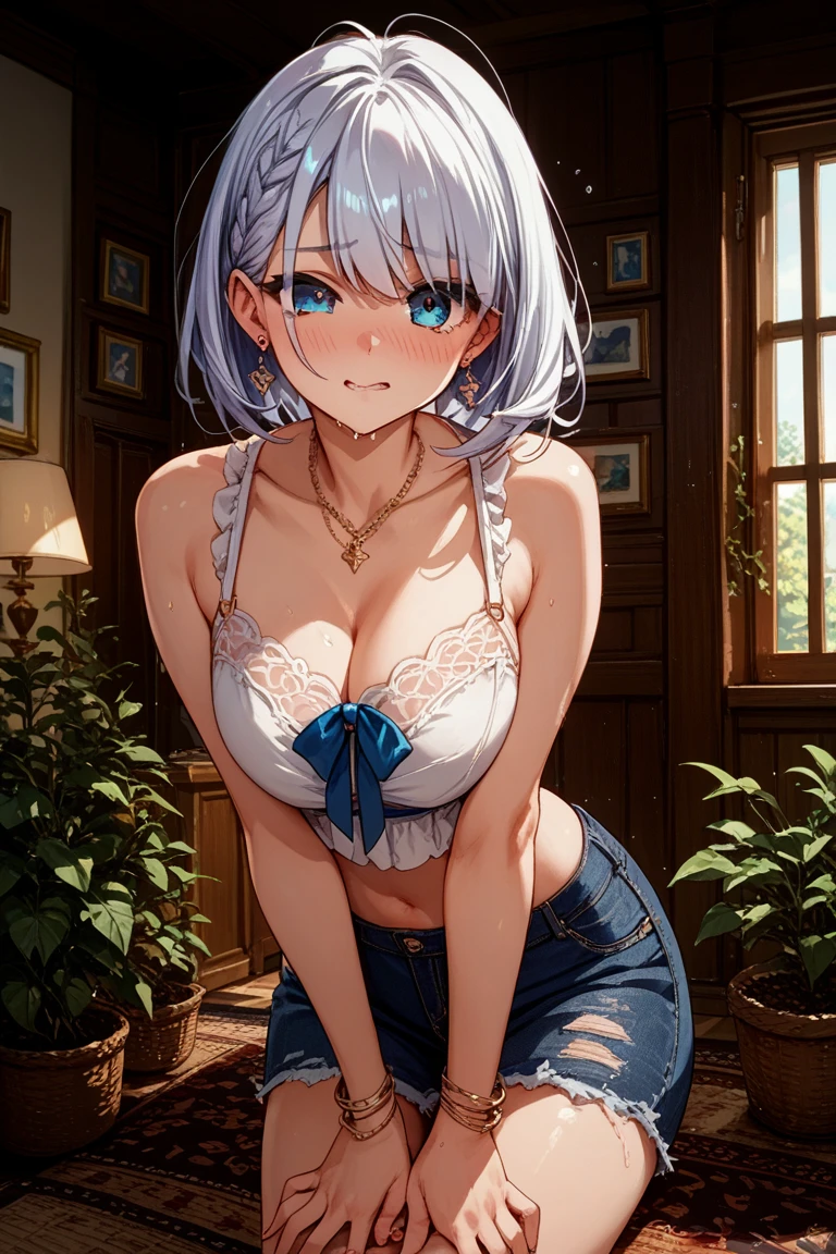 woman、Silver Hair、Short Hair、Green Eyes、Flower Hair Ornaments、Flower piercing、Big Breasts、Nipples、woman器、underwear、lingerie、garter belt、bench、Leg spread、night、garden、moonlight、Sweat