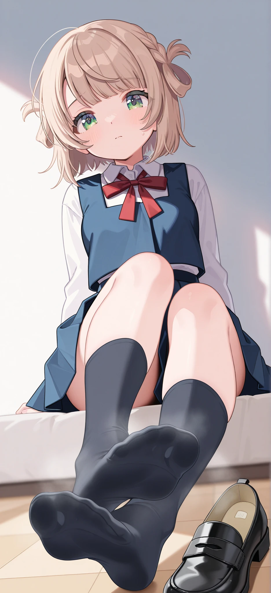 one person's、positive、Setting from below、whole bodyポートレート、Brown haired、Medium Haircut、blush、Absolute area、Knee socks、Knee-length、stockings、pantyhose、レースpantyhose、White underwear、No shoes、White pleated skirt、school uniform、Japanese high school uniform、Summer clothes、Inside the house、Daytime、(Small Tits)、((whole body))、masterpiece、(Highest quality)、
Panties around the ankles