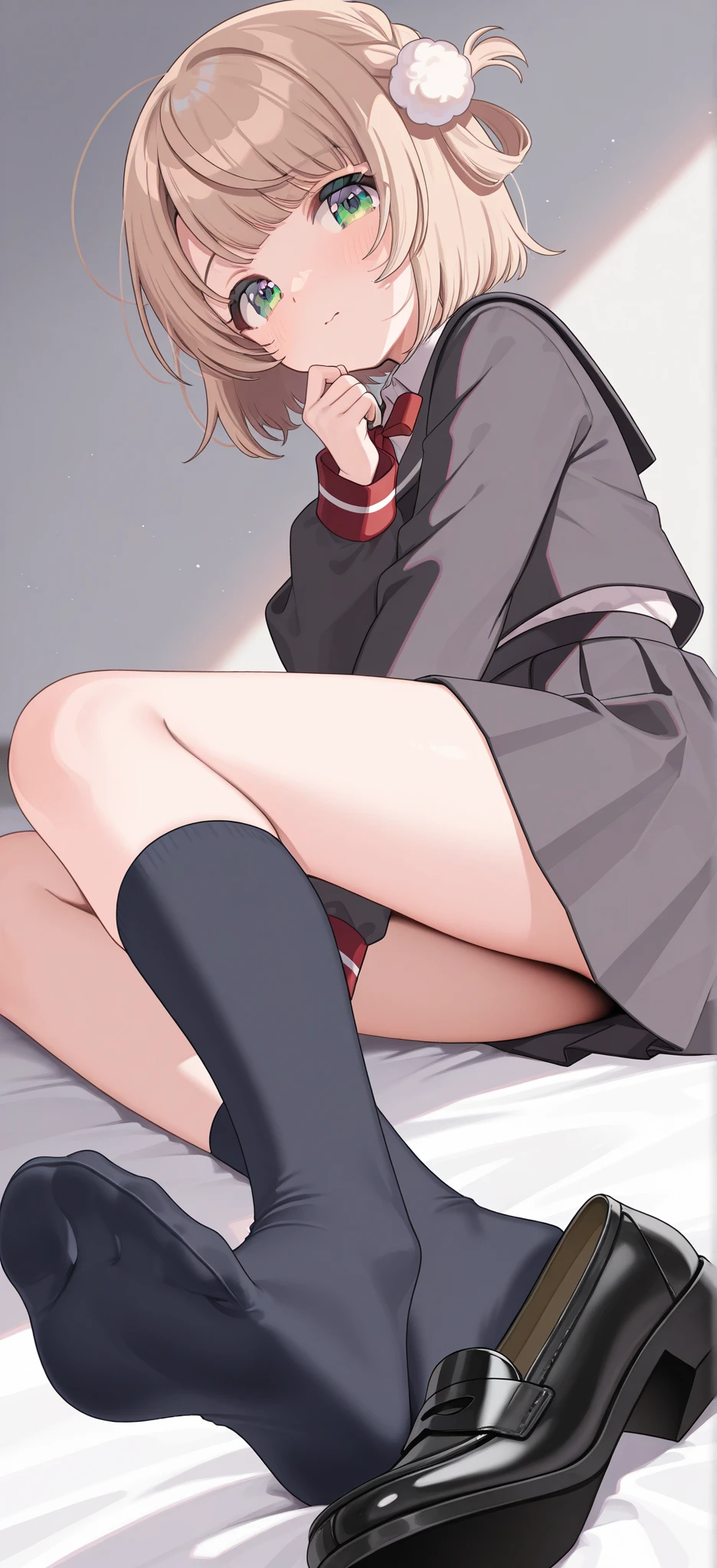 Maruka Higuchi、higuchi_madoka、Full body portrait、18year old、Schoolgirl with mature body type、A high school girl with long、女の子1人、Whole body from head to leg、small tits、Wearing white panties inside black pantyhose、No shoes、No shoes on、Sleeping in bed、Inter-strands、Facing the front、Composition from the front、Panchira、The crotch is visible with a panchira、get blush、embarrassed look、Bedroom、in a house、during daytime