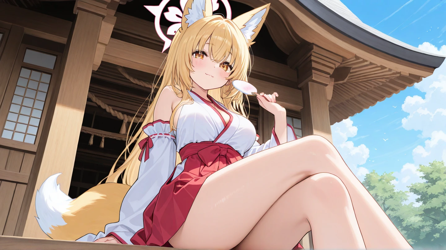 Flip up your skirt、Yellow fox ears、Yellow fox tail,(loli:1.5)(Underwear visible through the gap in the skirt:1.2),Looking down from below,(Squat down and look into:1.5),(Shrine maiden服:1.3)(Shrine maiden:1.2)、Black underwear、female、girl,(loli:1.2),(Short skirt:1.3),(View your viewers)(hand:1.2),(shrine:1.3),(Wicked Smile(valley:1.1),(Clothes with open chest:0.95),(Long Hair)