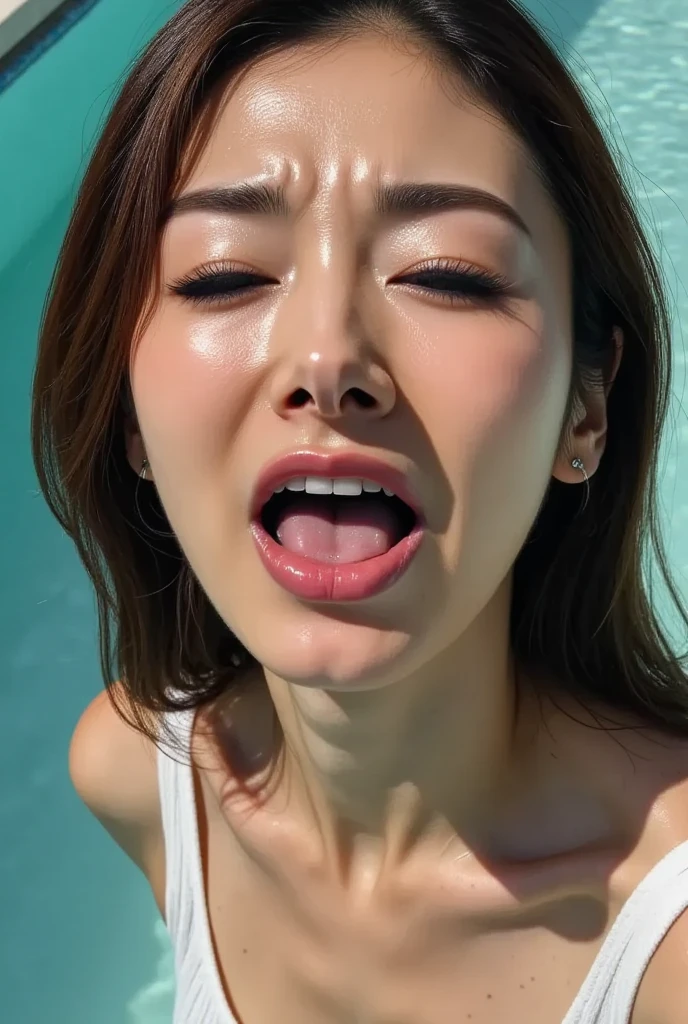 Tabletop,,Award-winning photo, Very detailed, Sharp focus on the eyes, Nose and mouth,Face Focus, Woman with open mouth and closed eyes, Blue camisole、Age 35,Black-haired、Symmetrical face,Realistic nostrils、From belowの角度、length, Narrow C-shaped nostrils Poolside,Under the Parasol,Sweaty skin、Sweaty skinを際立たせる照明、((Nose hook))Skin shiny with sweat、Glowing Skin、Sweaty hair,Beautiful Japanese actresses,smile,(Super wet skin)((Super Steam))((Realistic eyelashes with attention to detail))From below,Giving a blowjob,Micro Bikini,((Roll your eyes, Raise your eyebrows, Frowning, forehead-to-forehead, Take the spit, Drooling))