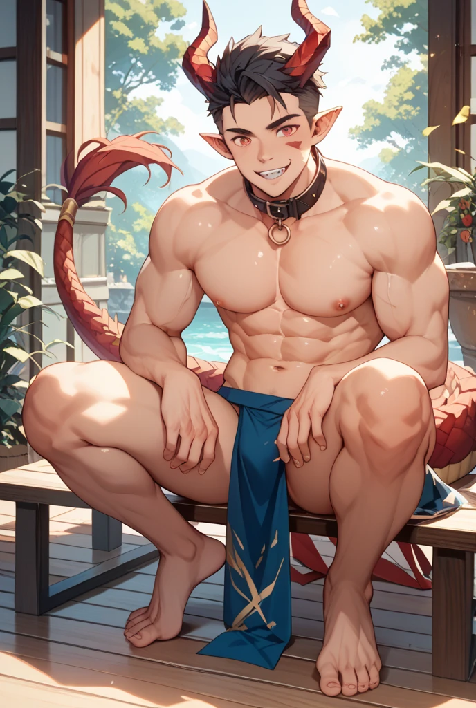 score_9, score_8_up, score_7_up, score_6_up, rating explicit, focus male, source anime, guy, pink skin, huge nipple, Bangs covering the eye, sexy pose, full body, florest, low angle, abs, bubble butt, navel, Pointed ears, orange eye