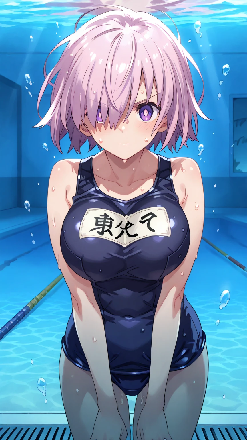 ​masterpiece, best quality, highres, 8k, ,medium breasts,1 girl,1 boy,sex,orgasm,im Pool,black swimsuit,purple hair, hearts in the air,dicker Penis