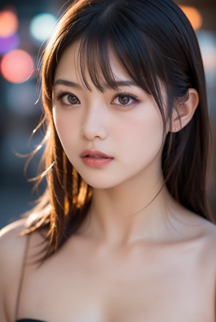 (Photoreal: 1.4), (Hyperreal: 1.4), (Smooth lighting: 1.05), 1 girl, neat and beautiful, (Sadness: 1.4), face close-up, 22 years old, soft lighting, backlighting, (brightness : 1.2), (Top quality realistic textured skin), slim, ultra-thin face, gravure idol pose, glossy skin, retina, anatomically accurate, accurate, ultra-detailed, textured skin, high quality, high definition, highest quality, High resolution, bangs, bra top