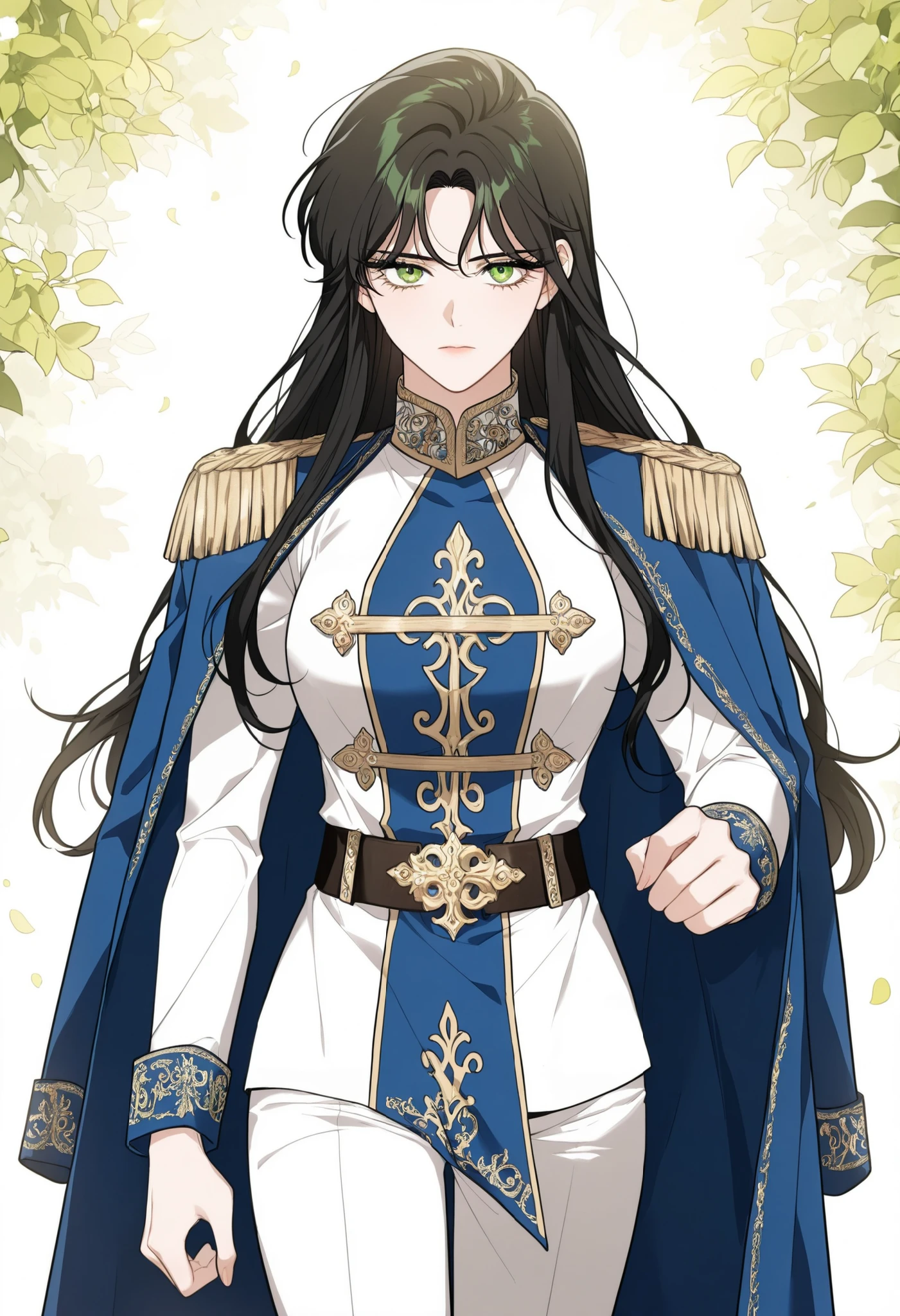 masterpiece, best quality, very detailed, , masterpiece, best quality, eyelashes, (Beautiful Eyes), cowboy shot,, Official webtoon Illustration, Official artwork,,1woman,long black hair,green shinny eyes,jacket with ornate gold decorations on the chest,cuffs,collar,featuring decorative shoulder cords.A belt at the waist securing the jacket in place. Slim, straight-cut white trousers