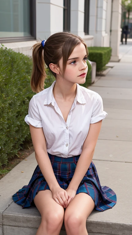 young Emma Watson, 16 years old, (full body, facing camera, Overhead view: 1,4), pigtails, Haircut for a boy, harry porter uniform, Gryffindor uniform with short skirt and pantyhose, black pantyhose, hogwarts uniform, sitting on a chair, opened legs, spread legs, (low-cut), in detail (textures!, hairsh!, glistering, a color!!, imperfections: 1.1), highly detailed glossy eyes, Pop-visible, ass, is worth cancer, thongs, (is looking at the camera), specular lighting, DSLR camera, ultra quality, sharp-focus, sharpness, Depth of field, film grains, (centred), Fujifilm XT3, Crystal clear, big breastes, The center of the frame, pretty face, sharp-focus, detailed skin pores, oiled skin, suntan, Complex eye details, non-nude